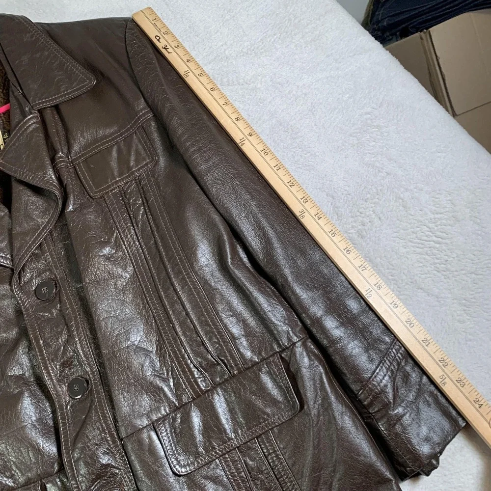 Vintage Montgomery Ward Jacket Mens 42‎ Brown Leather Car Coat Sherpa 70s 80s